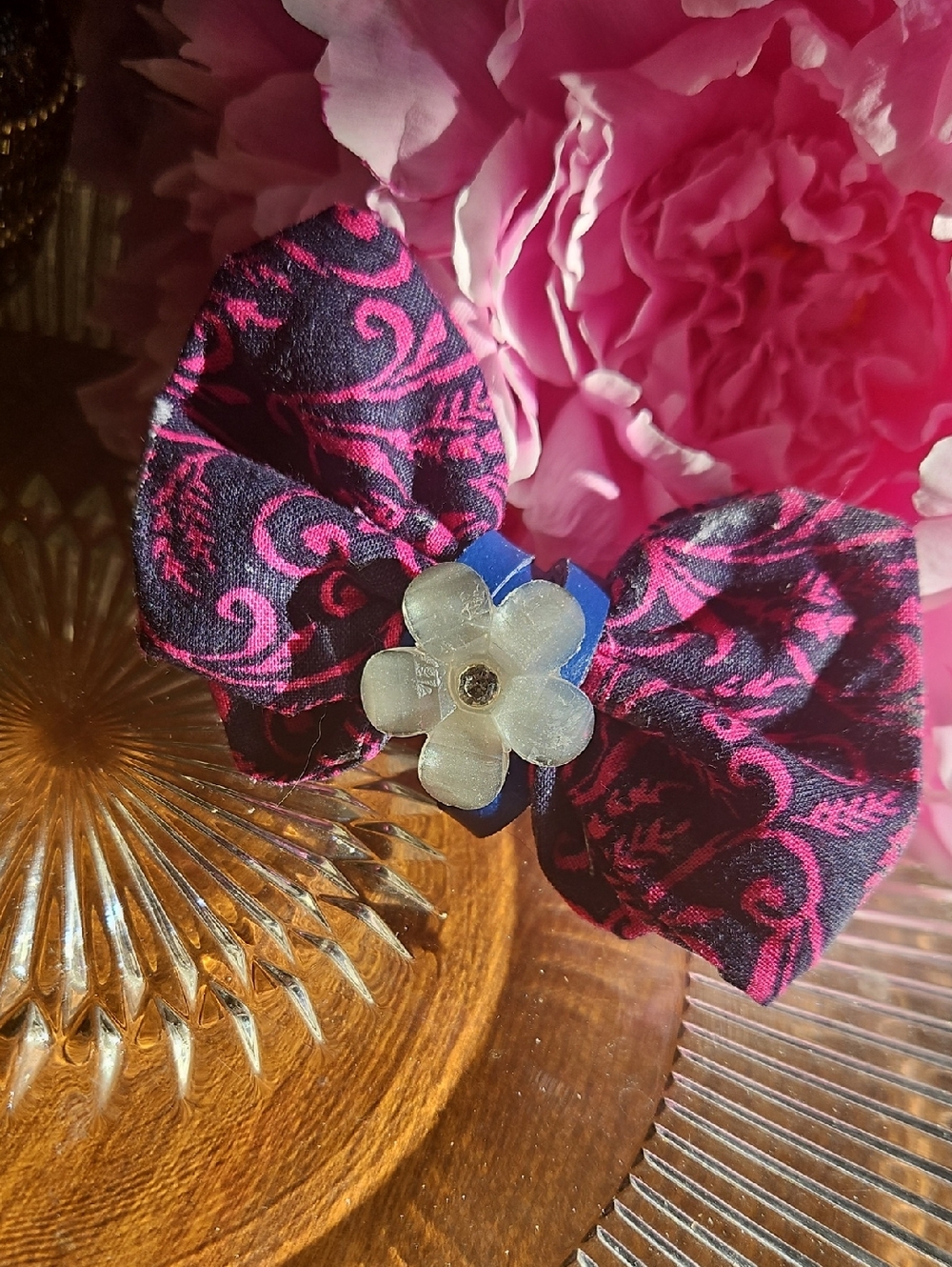 Hand Crafted Dog Collar Bow Tie Paisley Navy&Pink Flower Crystal NEW